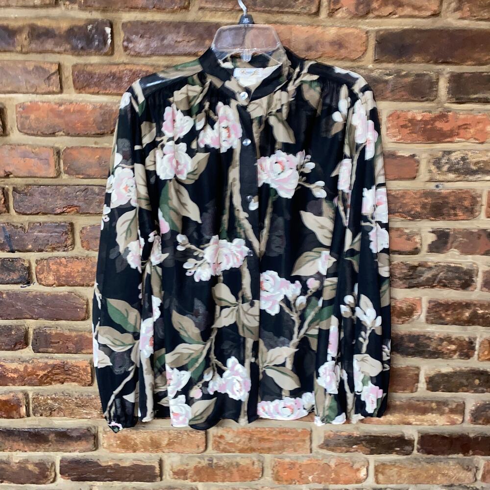 Rhoda Lee Vintage 70s Black Floral Button Down Sheer Long Sleeve Top Size 14